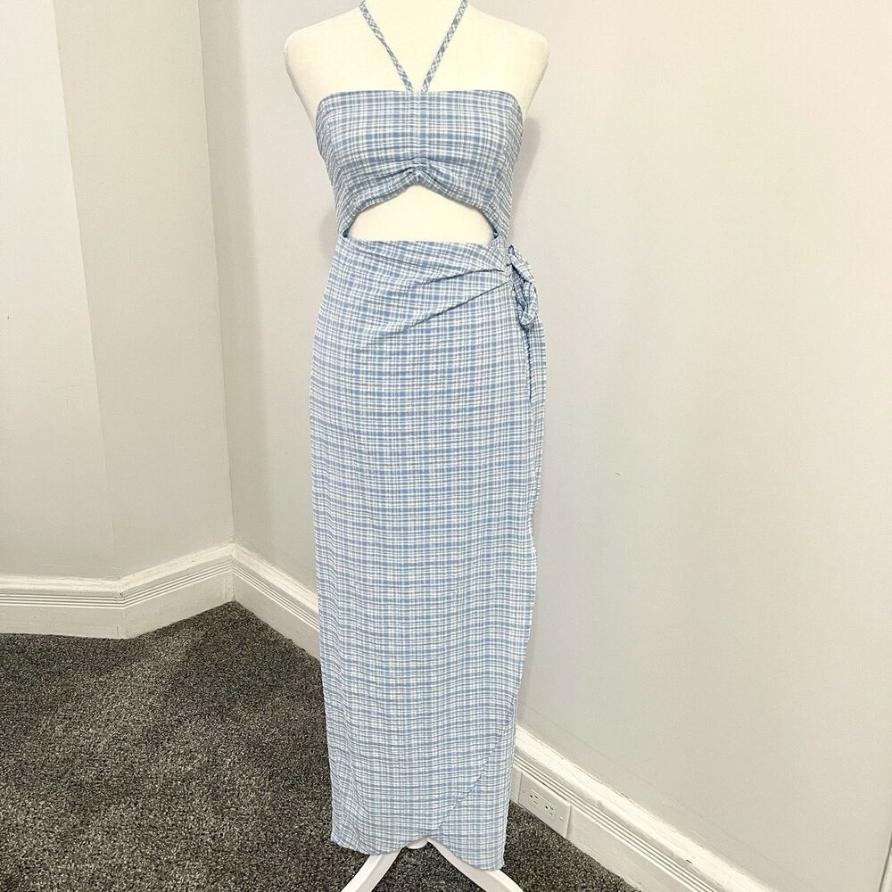Mable Halter Wrap Maxi Dress Womens Medium Blue Seersucker Clip Dot Plaid Lined